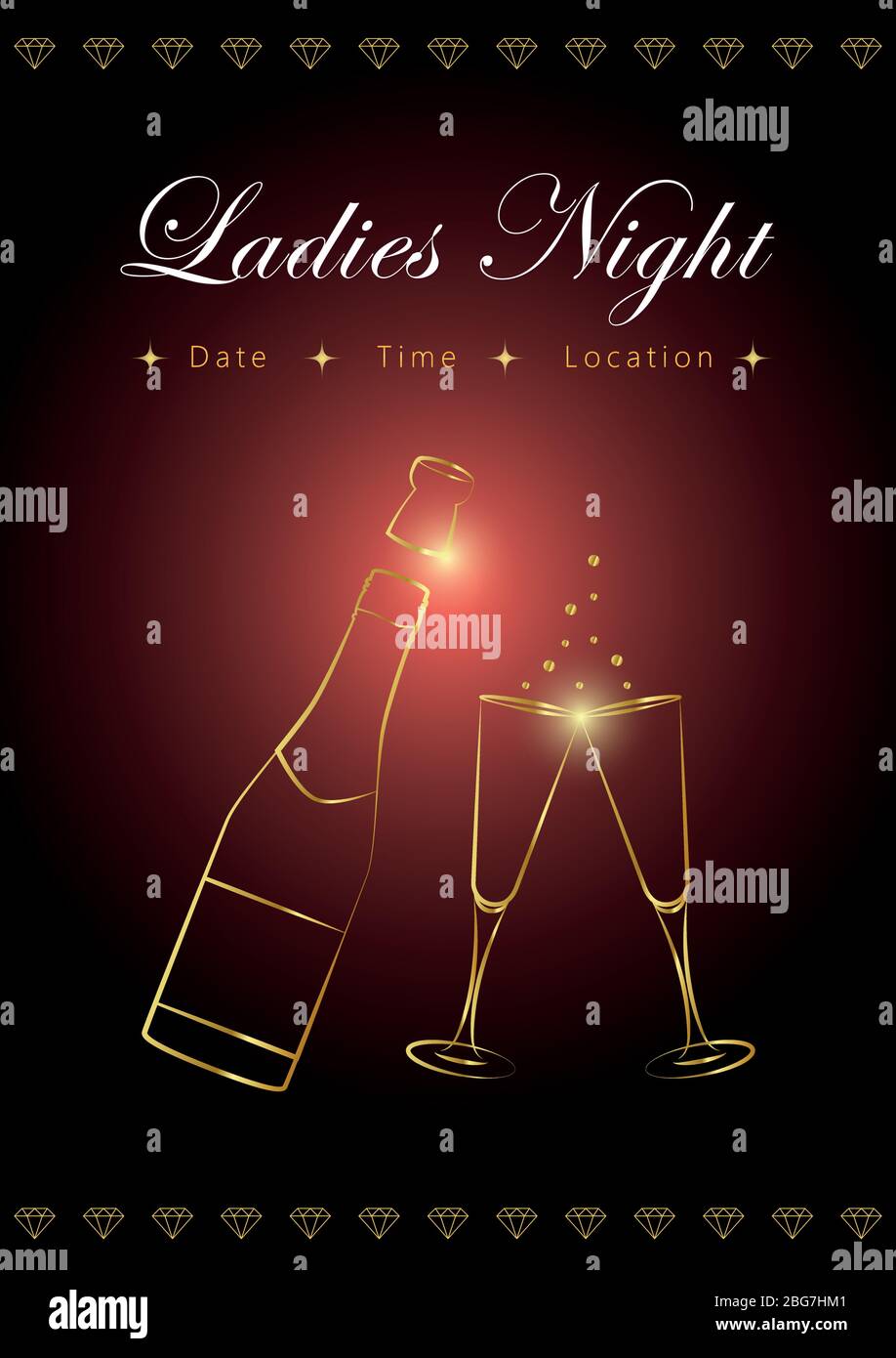 bottle and glasses of champagne vector ladies night poster vector illustration EPS10 Stock Vector