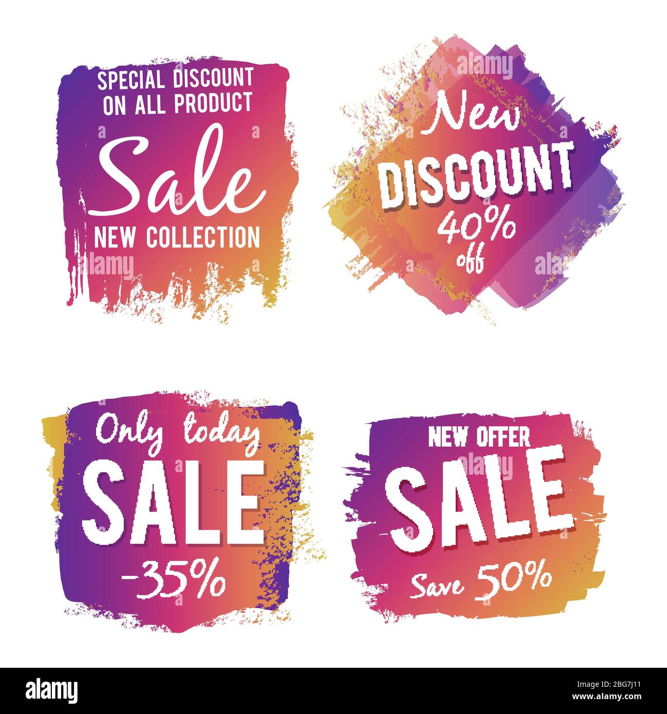 Grunge colorful discount and sale labels isolated on white background. Vector illustration Stock Vector