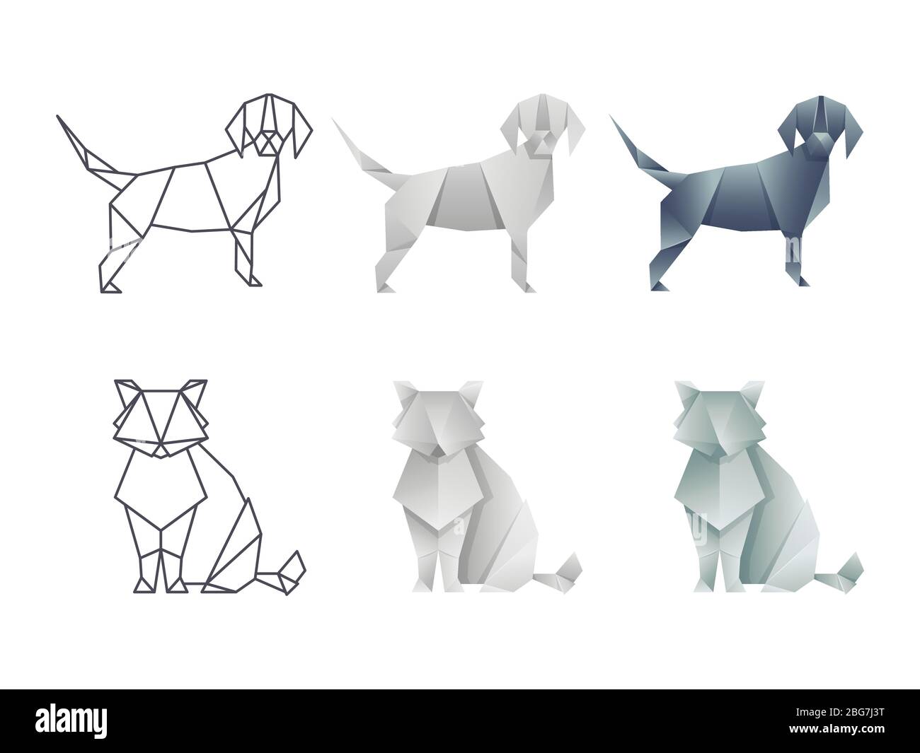 Set of vector japanese origami cat and dog isolated on white background illustration Stock Vector
