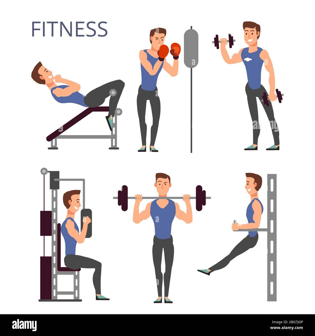 Gym exercises, body pump workout vector set with cartoon sport man  characters. Fitness people in gym illustration Stock Vector Image & Art -  Alamy