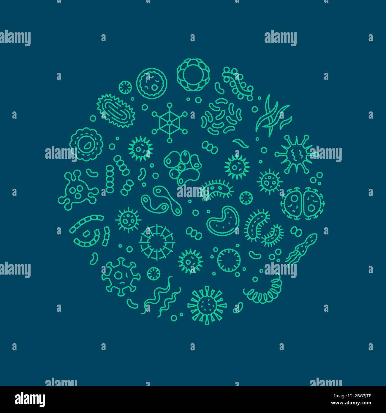 Microbes, viruses, bacteria, microorganism cells and primitive organism line vector concept. Virus cell and microbe, bacteria organism, medical microscopic illustration Stock Vector