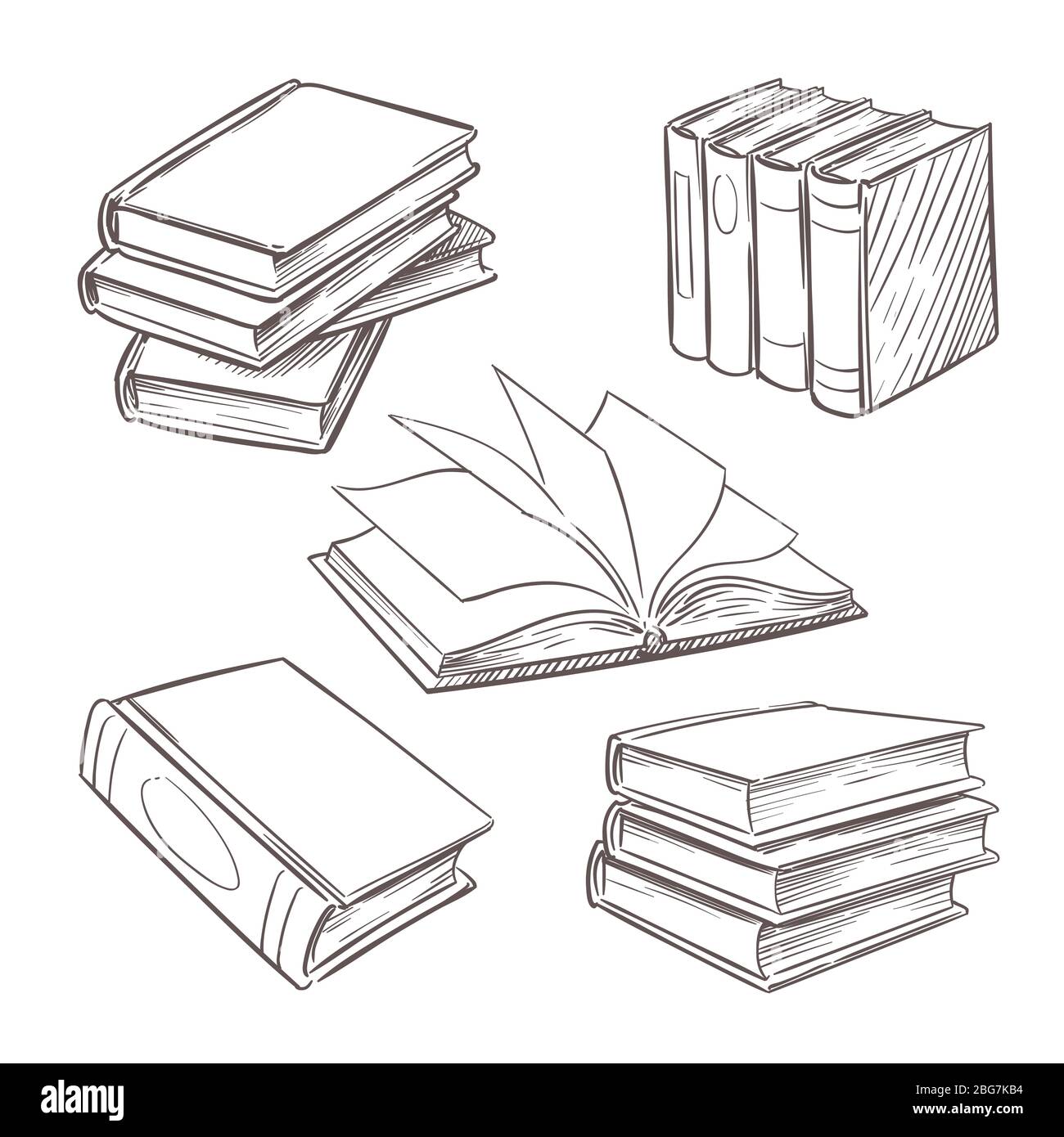 Hand drawn vintage books. Sketch book piles. Library, bookshop vector retro design elements isolated on white background. Illustration of literature f Stock Vector