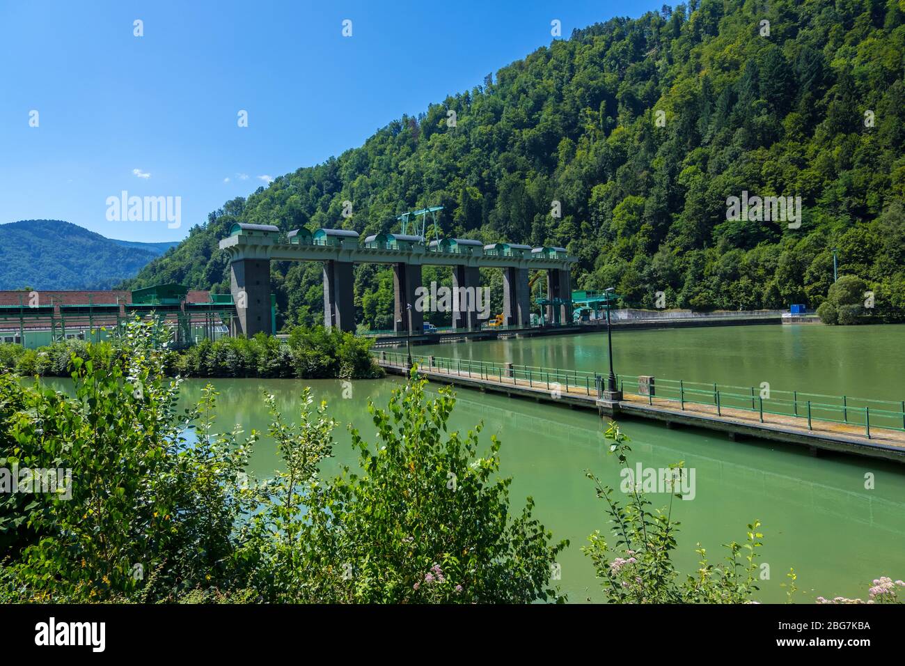 Maribor, Slovenia - August 09, 2019: The Fala Hydro Power Plant. The Hidroelektrarna Fala started in 1918 and is the oldest ROR in the Drava river Stock Photo