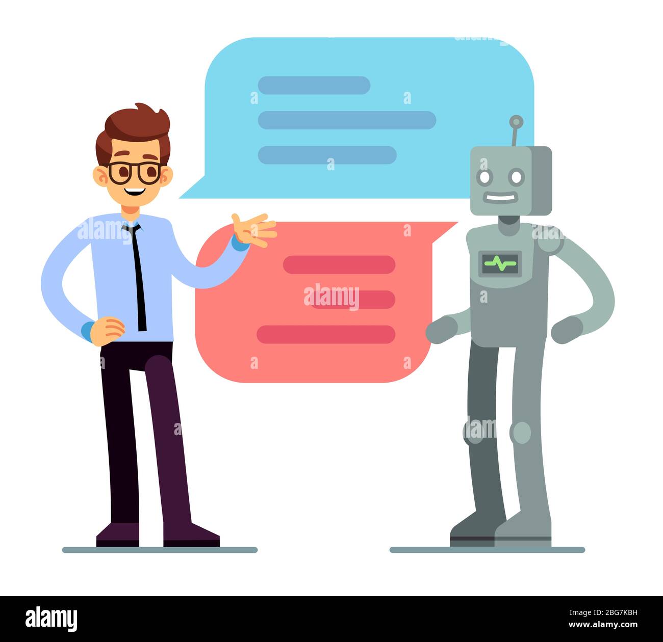 Man chatting and asking for help bot. Chatbot vector concept. Chat bot
