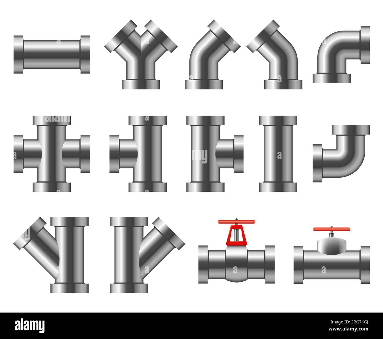 Silver pipes. Aluminum and chrome pipeline. Pipe fittings, water tube vector set. Pipe and pipeline system, construction industrial for sewerage illus Stock Vector