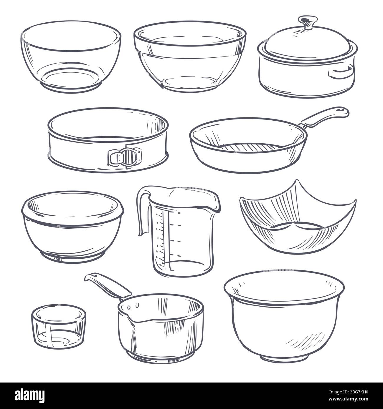 Doodle plastic and glass bowls, pot and frying pan. Vintage hand drawn vector cookware isolated. Bowl for cooking, utensil and dishware illustration Stock Vector