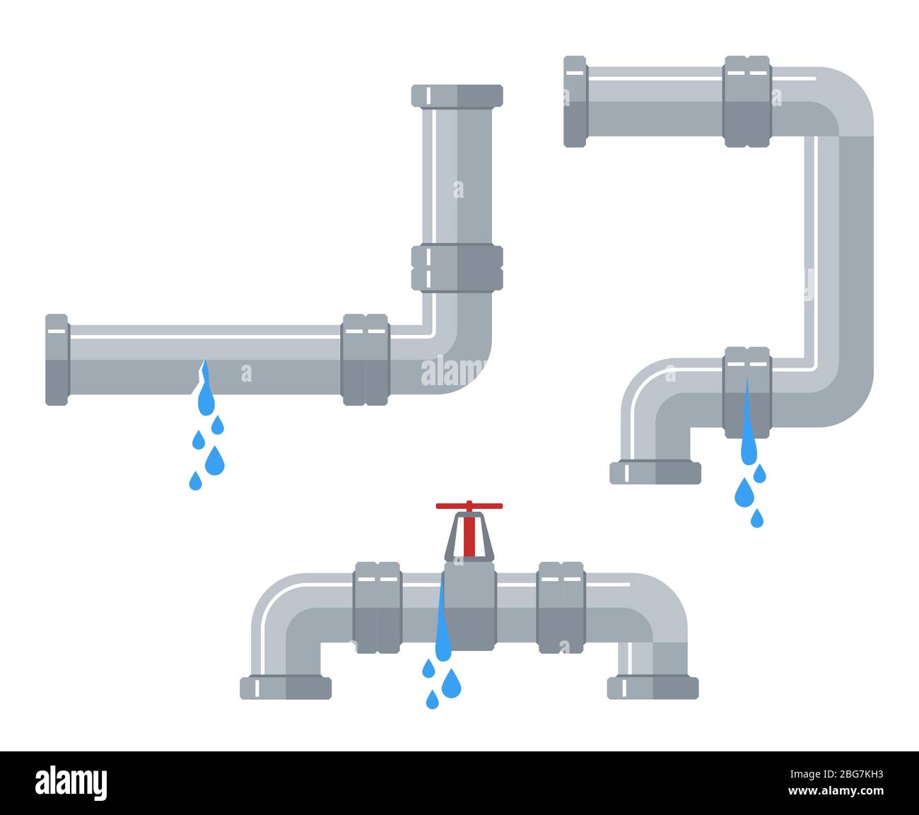 Leaking water pipes. Broken steel and plastic pipeline with leakage, leaking valve, dripping fittings vector set. Plumbing pipeline, pipe leaking brok Stock Vector