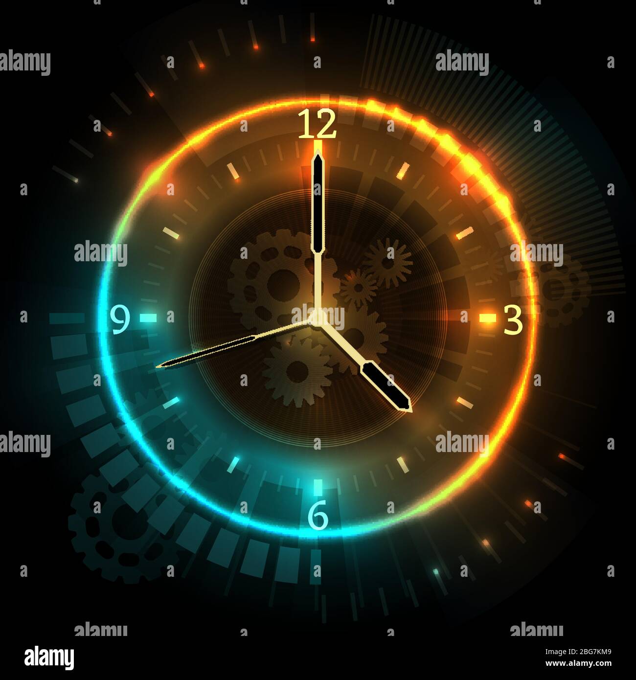 Digital futuristic watch with neon effects. Time abstract vector