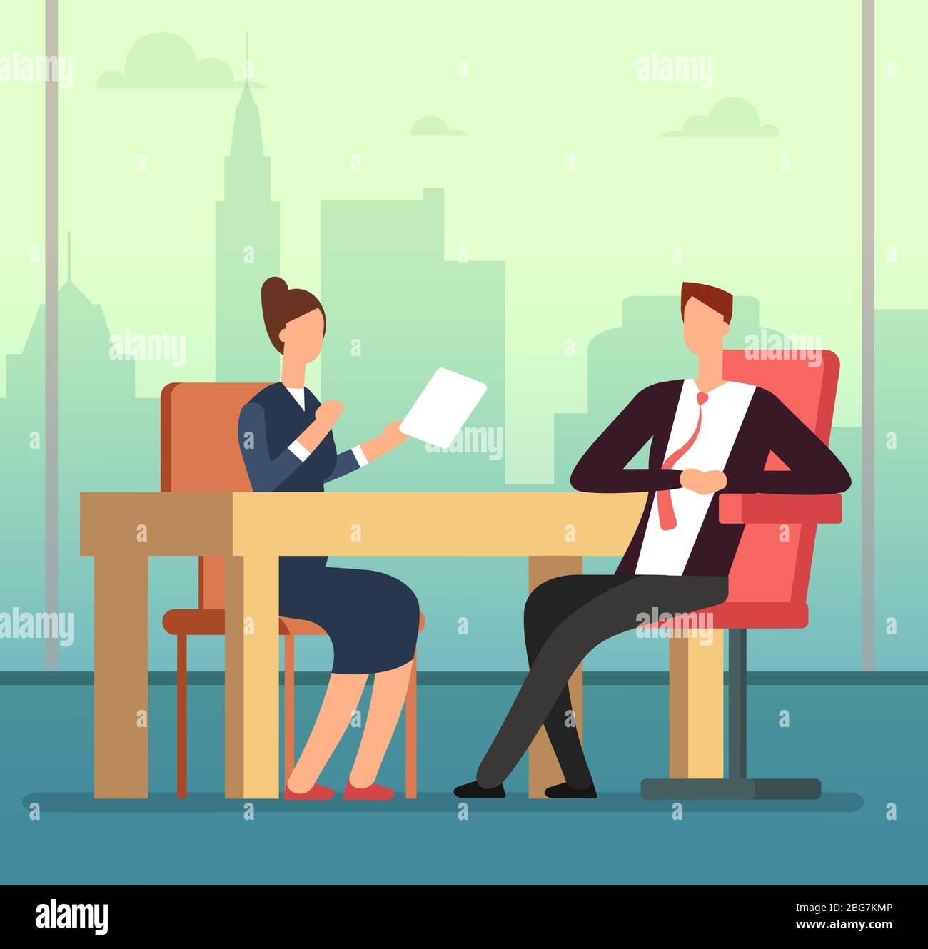 Employee woman and interviewer boss meeting at desk. Job interview and recruitment vector cartoon concept. Illustration of manager employment hiring c Stock Vector