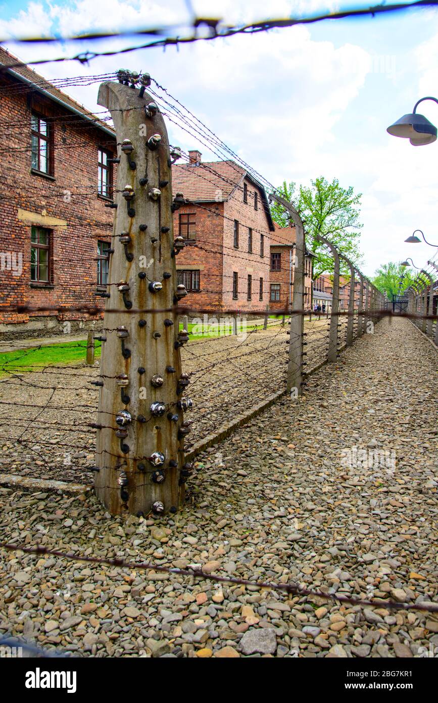 Auschwitz Birkenau Concentration Camp Oświęcim Barbed wire electrified fence Museum Southern Poland Europe EU UNESCO Stock Photo