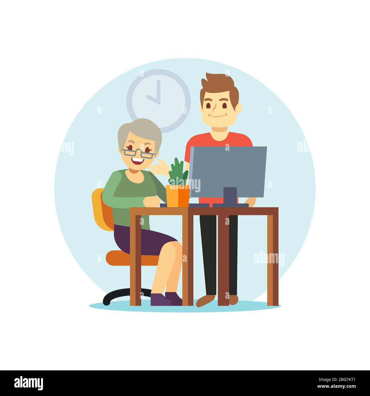 Young man and old woman computer. Grangma and grandson and modern technologies. Vector illustration Stock Vector