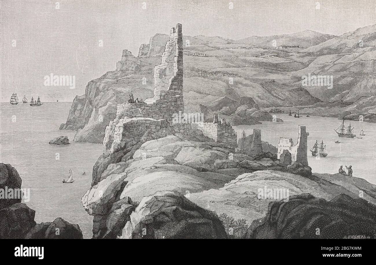 Balaklava Bay in the early 19th century. Engraving of the 19th century. Stock Photo