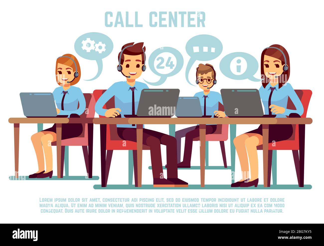 Group of operators with headset supporting people in call center office. Business support and telemarketing vector concept. Illustration of online consultant communication, feedback, helping hotline Stock Vector