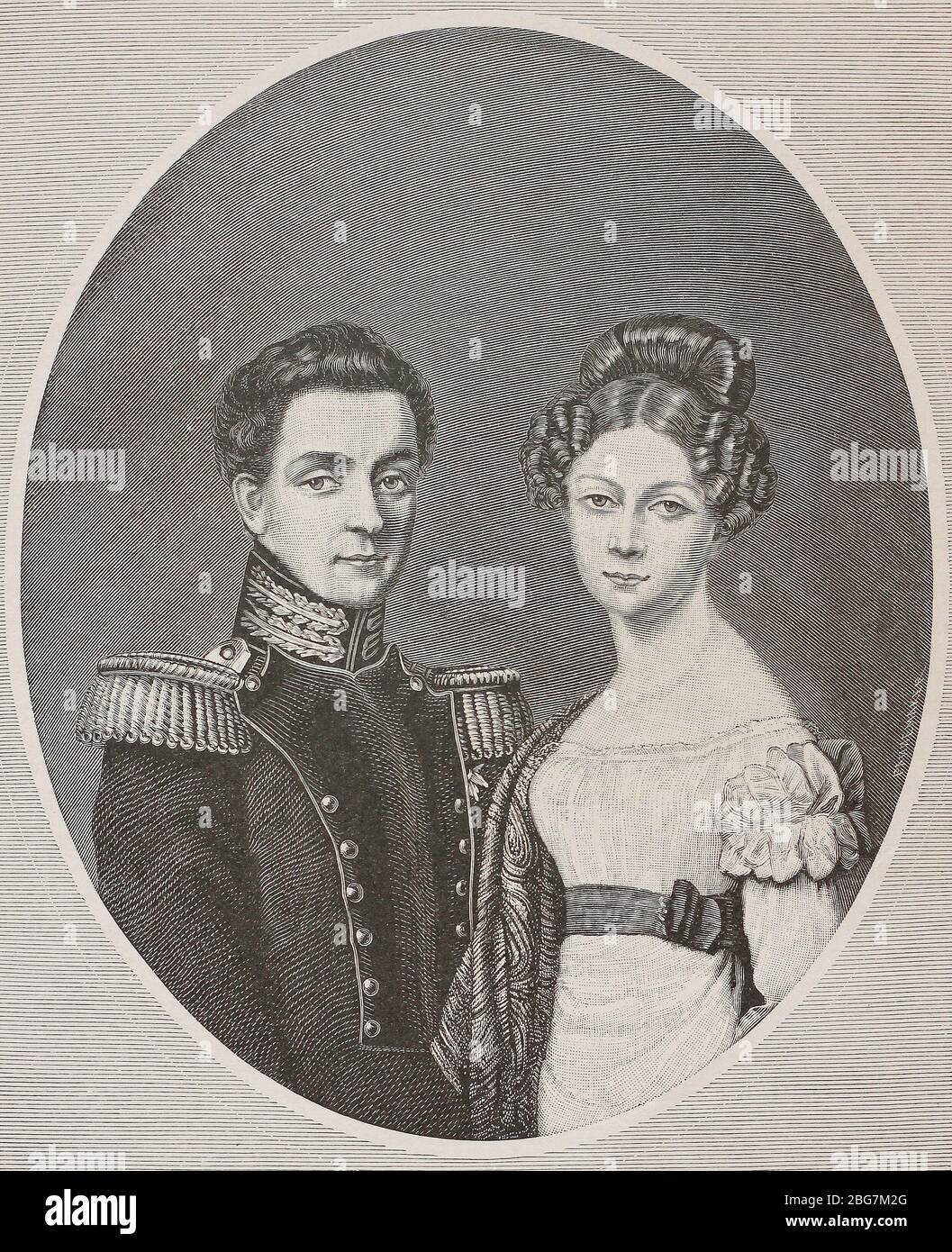 Grand Duke Mikhail Pavlovich and his wife Grand Duchess Elena Pavlovna. Engraving of the 19th century. Stock Photo