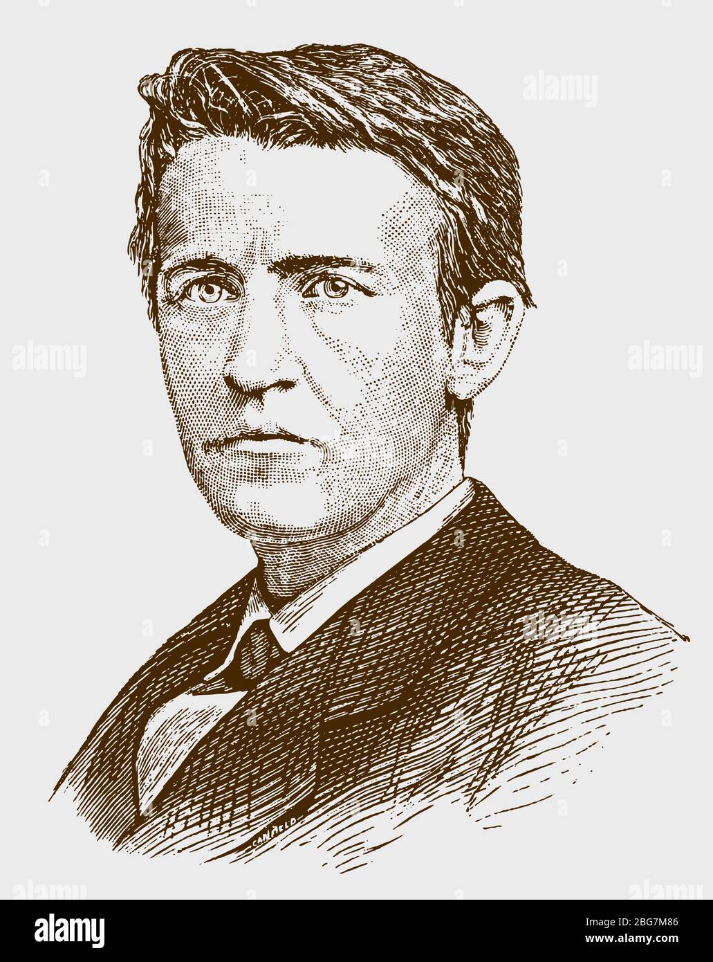 Historical portrait of young thomas alva edison the famous american inventor. lllustration after an engraving from the 19th century Stock Vector