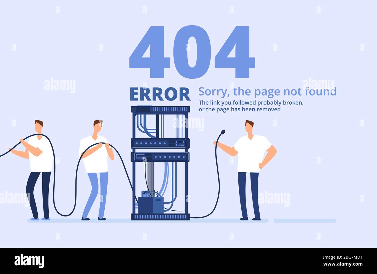 Page 404 error concept. Sorry, page not found web site template with server and network administrators. Vector background. Illustration of trouble pag Stock Vector