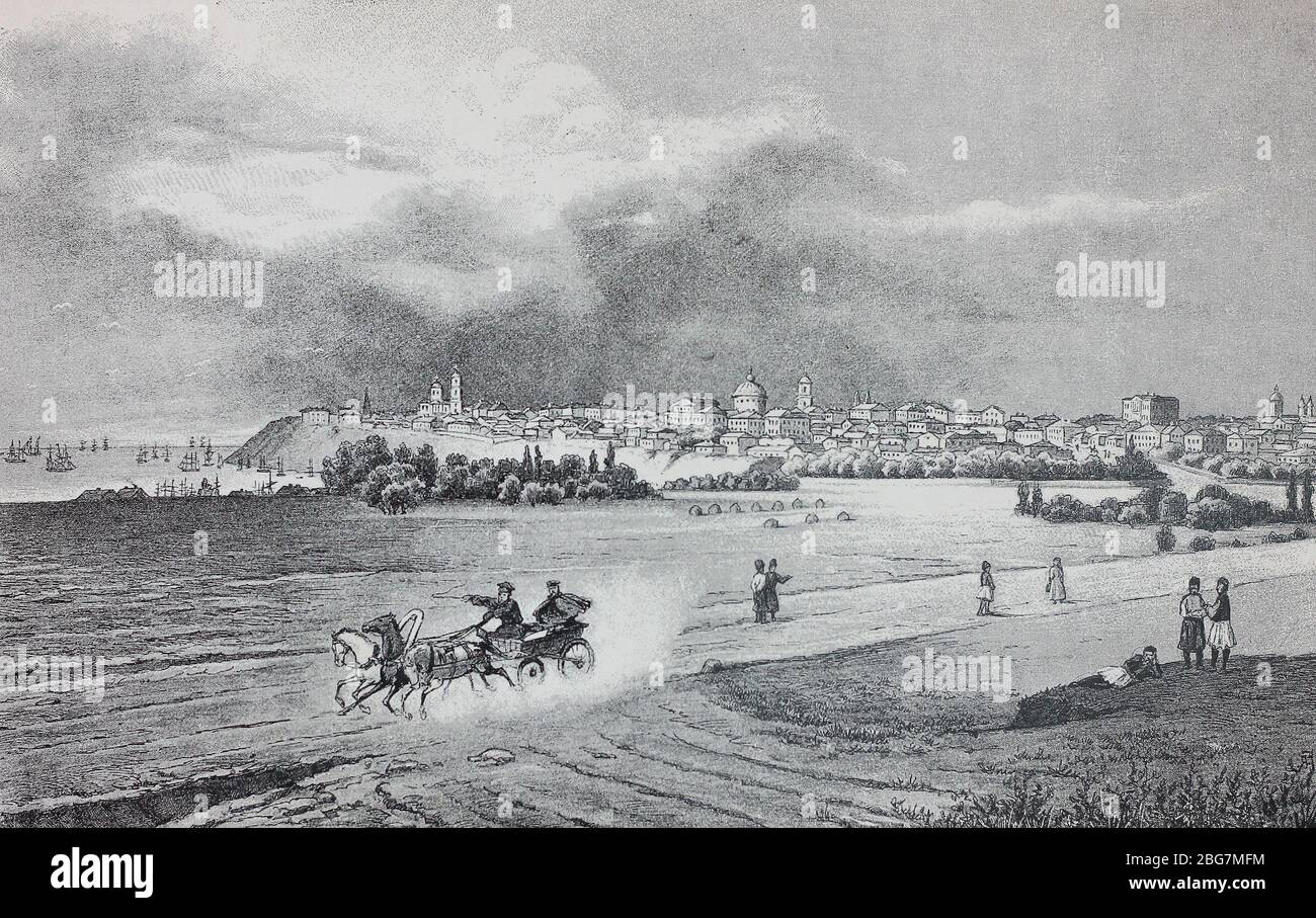 Taganrog in the early 19th century. Engraving of the 19th century. Stock Photo