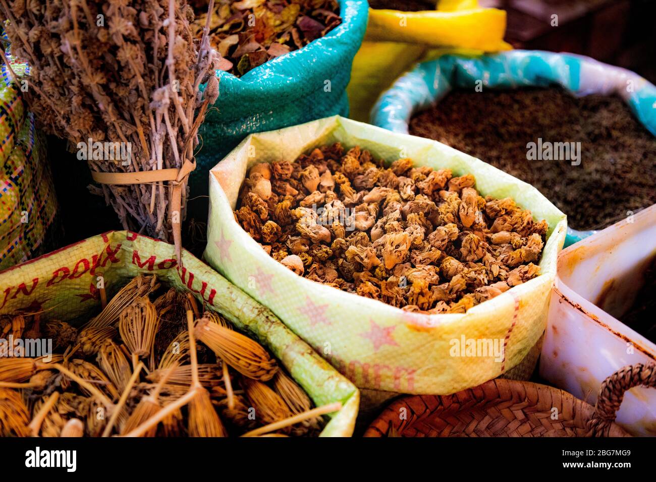 Spices in a market in Tanger, Morroco Stock Photo
