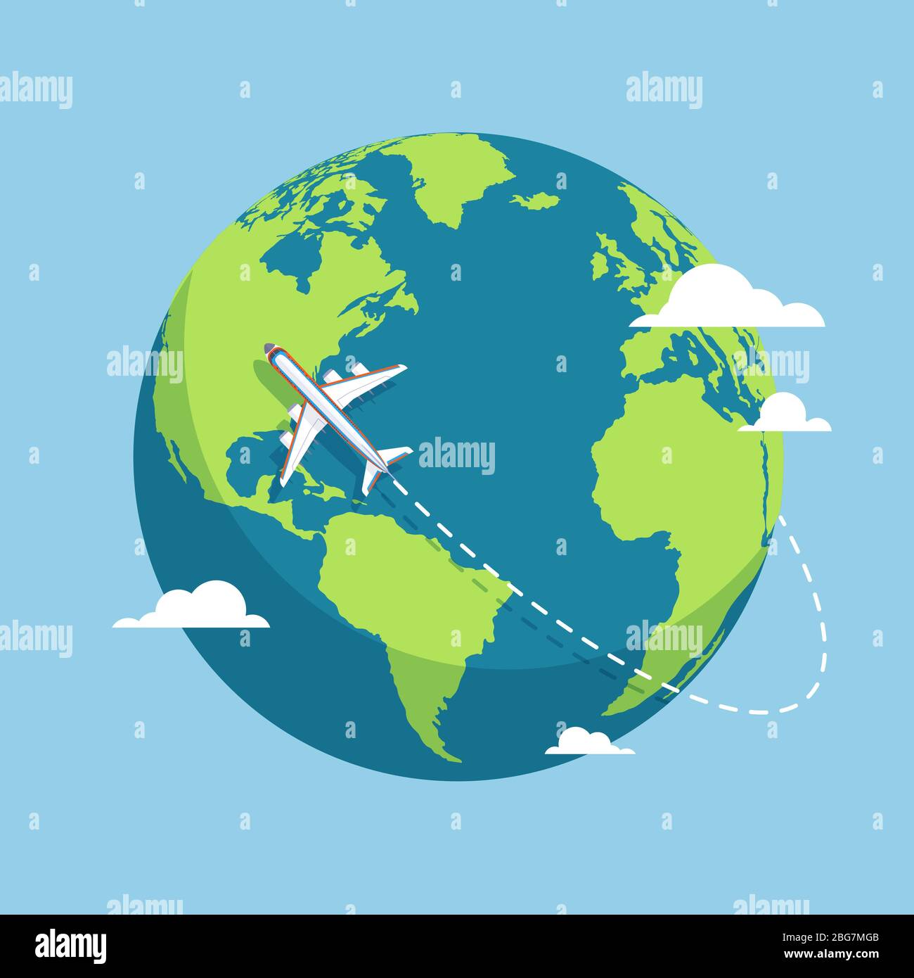 Plane and globe. Aircraft flying around Earth planet with continents and oceans. Flat vector illustration. Flight plane, world travel air Stock Vector