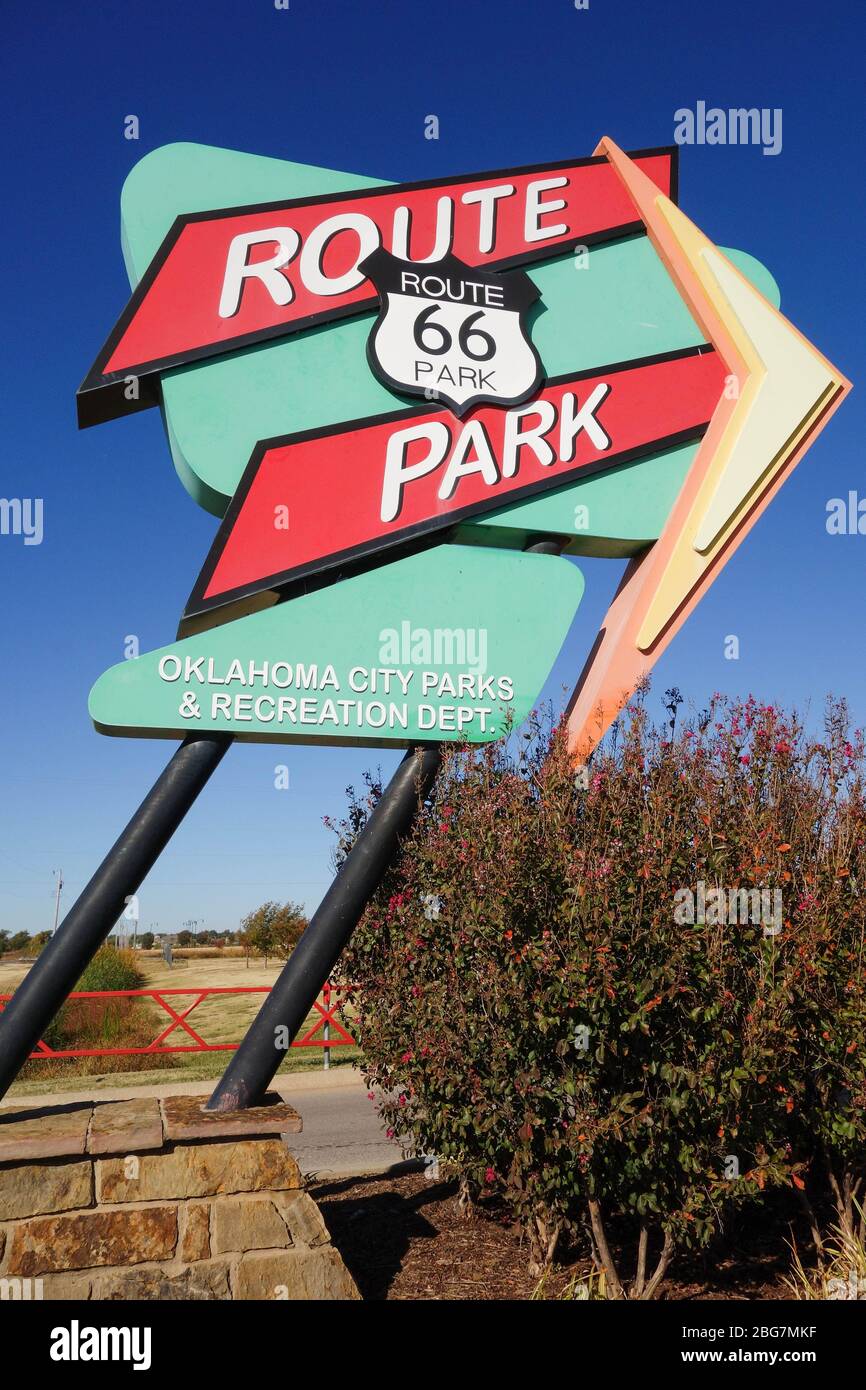 Sign pointing to Route 66 park in Oklahoma City, OK Stock Photo