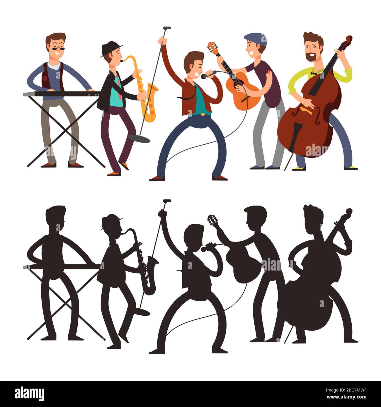 Male pop music band playing music. Vector illustration of cartoon character and silhouette musicians isolated on white background Stock Vector