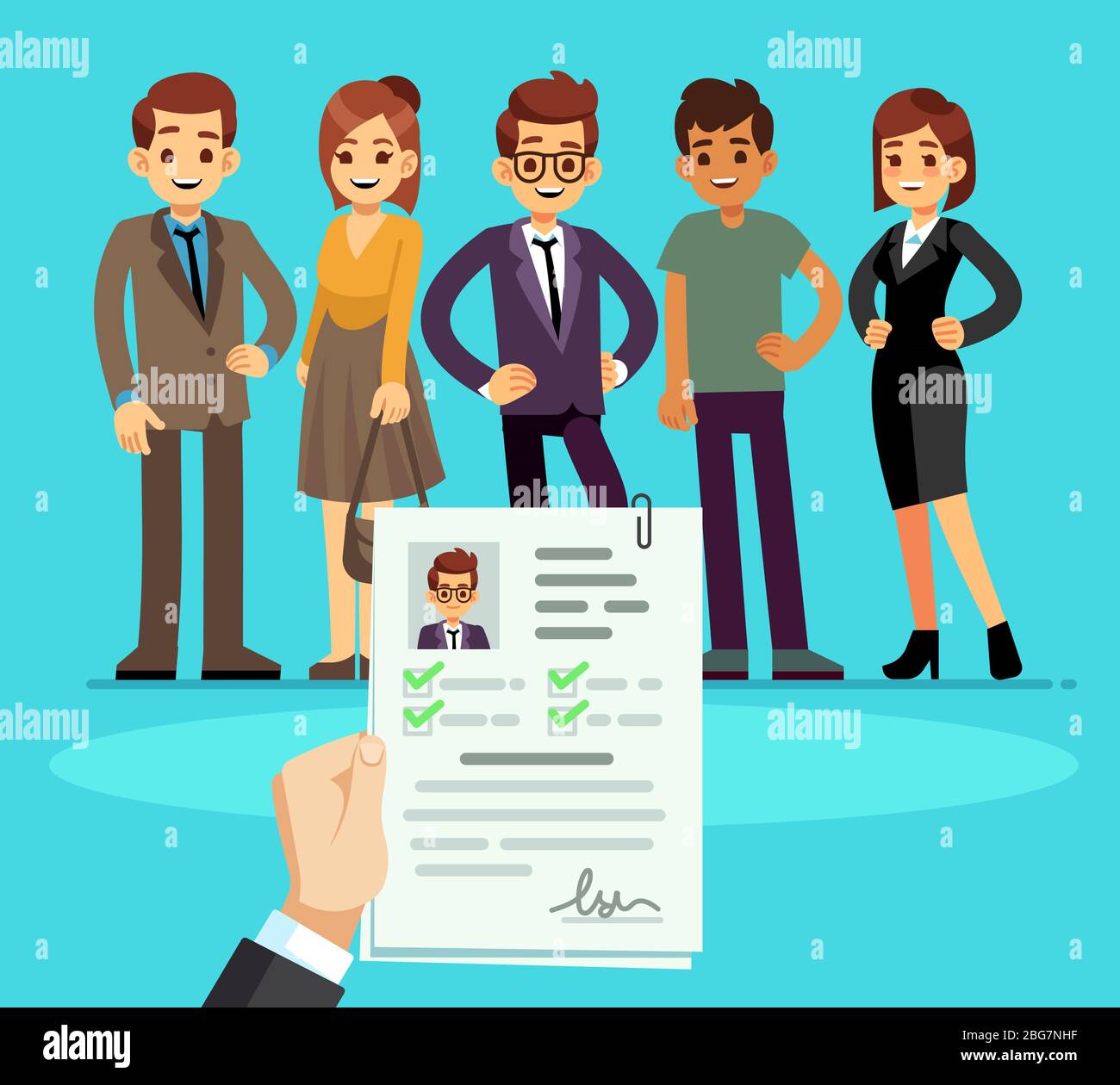 Recruitment. Recruiter choosing candidates with cv resume. Human resource and job interview vector concept. Illustration of human candidate, hiring resource Stock Vector
