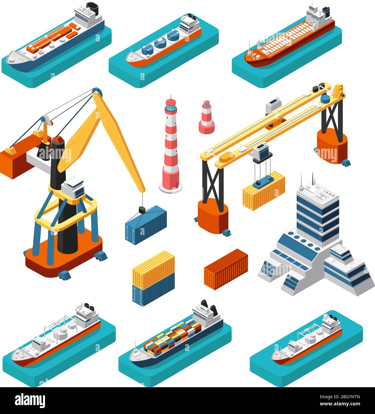 Isometric 3d ships, cranes, sea port building, lighthouse and shipping containers vector marine logistic set isolated. Sea crane and industry building Stock Vector