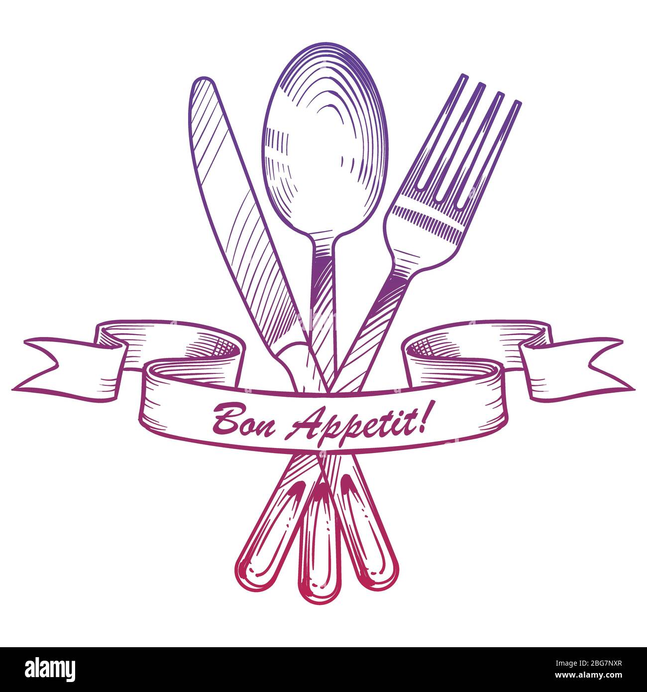 https://c8.alamy.com/comp/2BG7NXR/hand-drawn-knife-fork-spoon-and-vintage-ribbon-elegant-cutlery-serving-vector-illustration-2BG7NXR.jpg