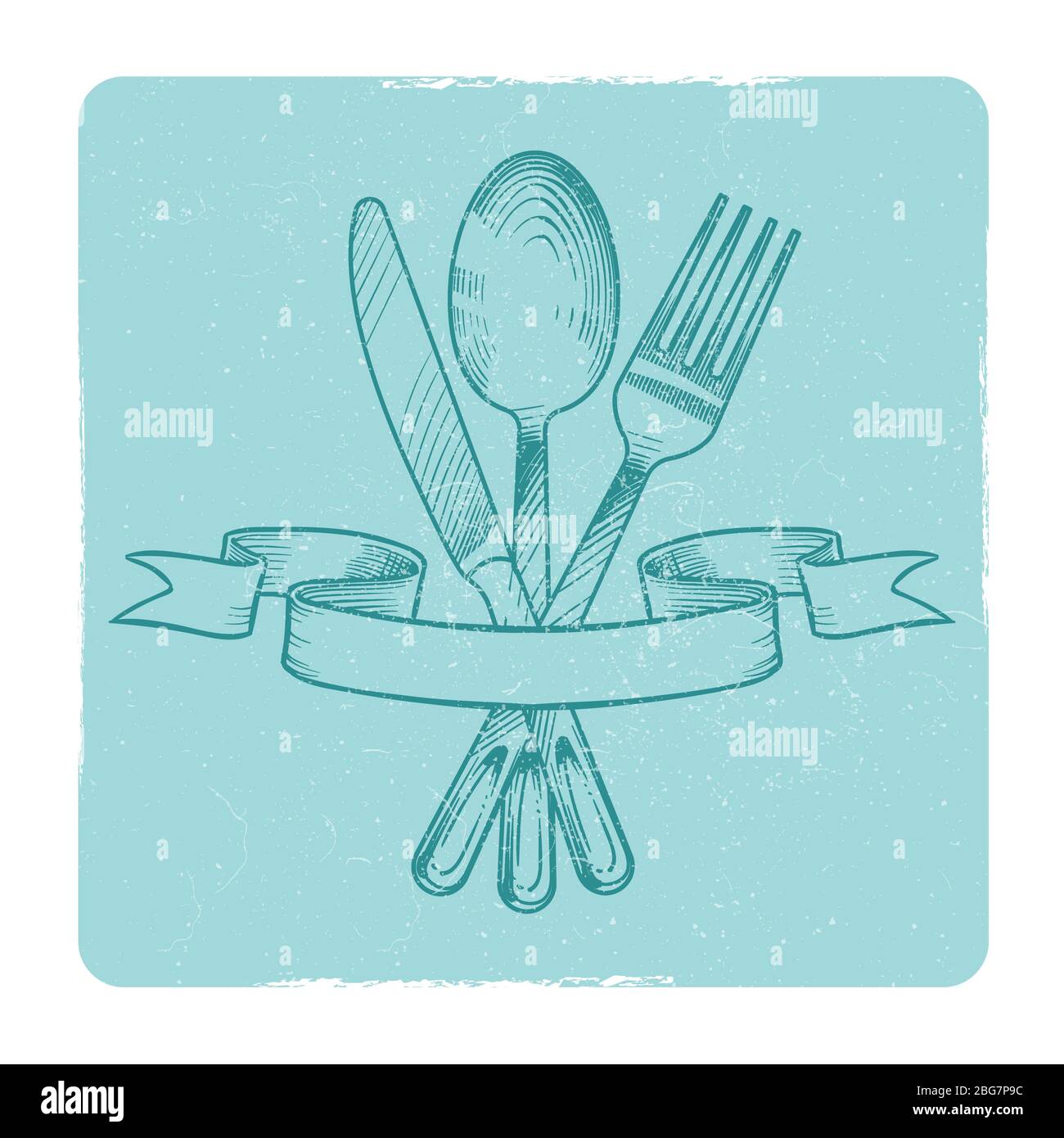 Hand drawn knife, spoon and fork in retro banner ribbons isolate on white. Vector illustration Stock Vector