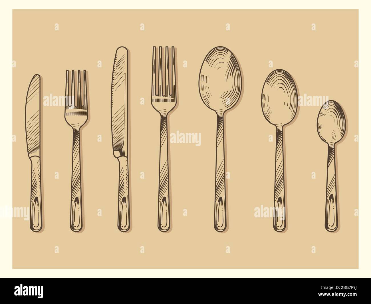 Vintage cutlery set vector design. Hand drawn knife, fork, spoon in