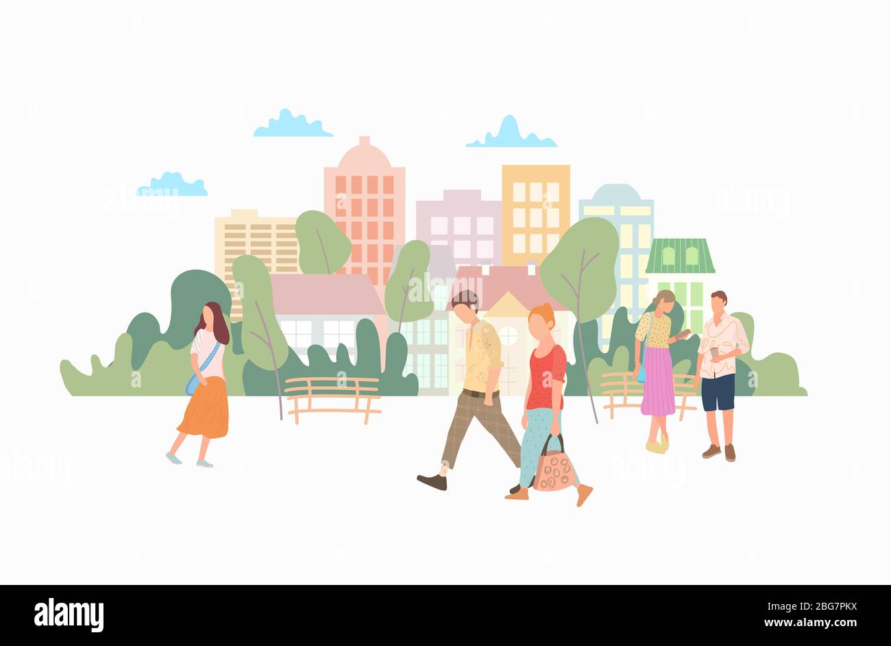 Beautiful people walk along the street in the background with buildings and trees. Vector urban style of a busy street. The architecture of the Stock Vector