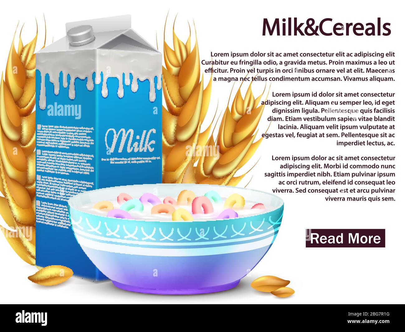 Milk and cereals realistic objects. Healthy breakfast vector concept for banner, background, web page illustration Stock Vector