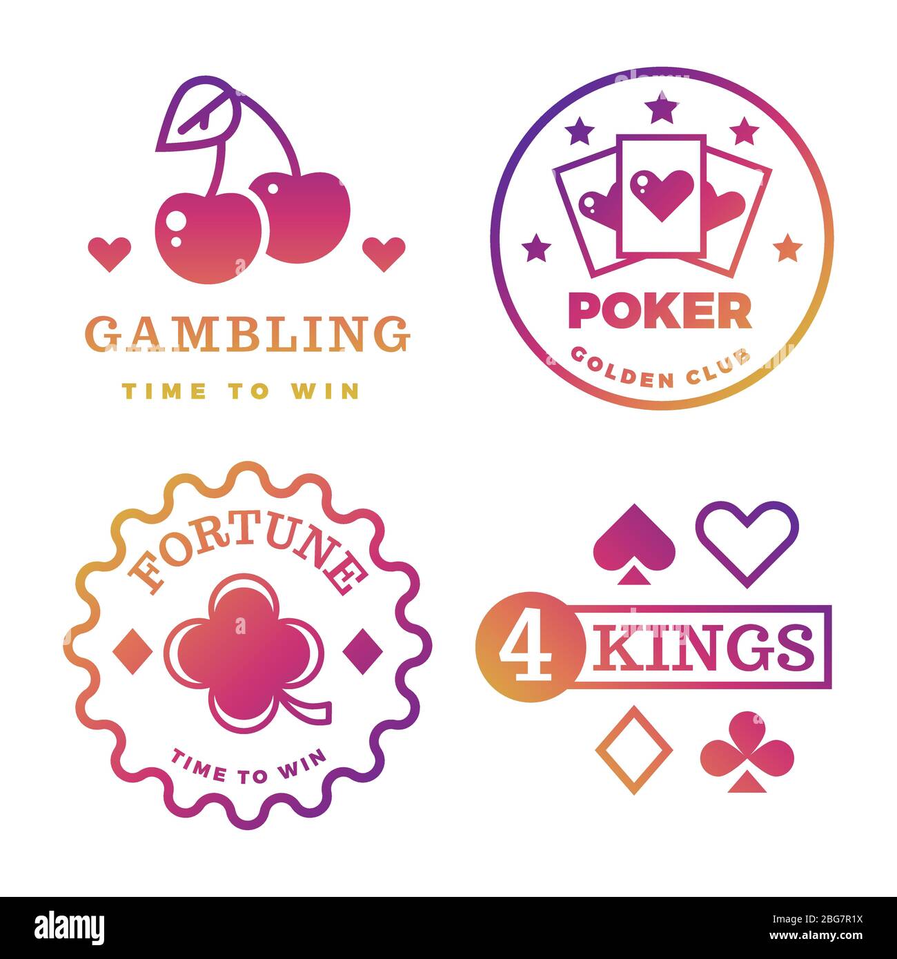 Bright gambling, casino, poker royal tournament, roulette vector labels isolated on white background illustration Stock Vector