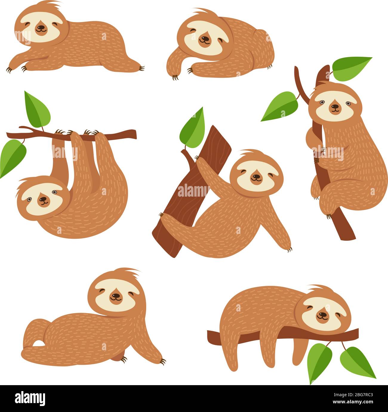 Cute sloths. Cartoon sloth hanging on tree branch. Baby jungle animal vector isolated characters. Lazy wild sloth, wildlife animal slow on tree illustration Stock Vector