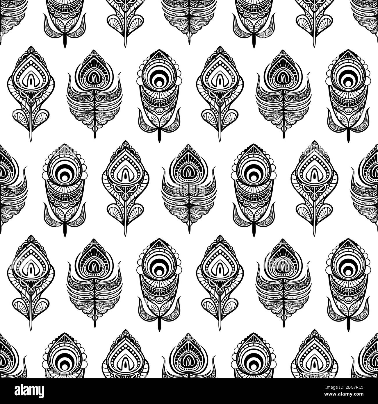 Black and white mandala feathers seamless pattern for print, textile, wallpaper. Vector illustration Stock Vector