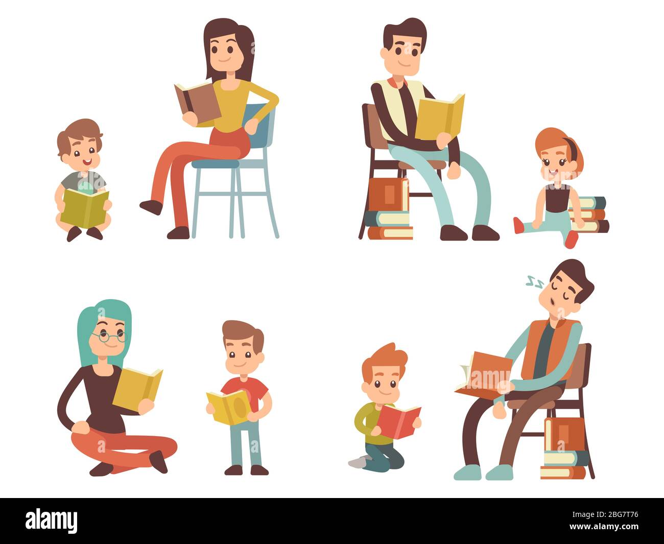 Cartoon character adults and kids reading books isolated on white background. Vector illustration Stock Vector
