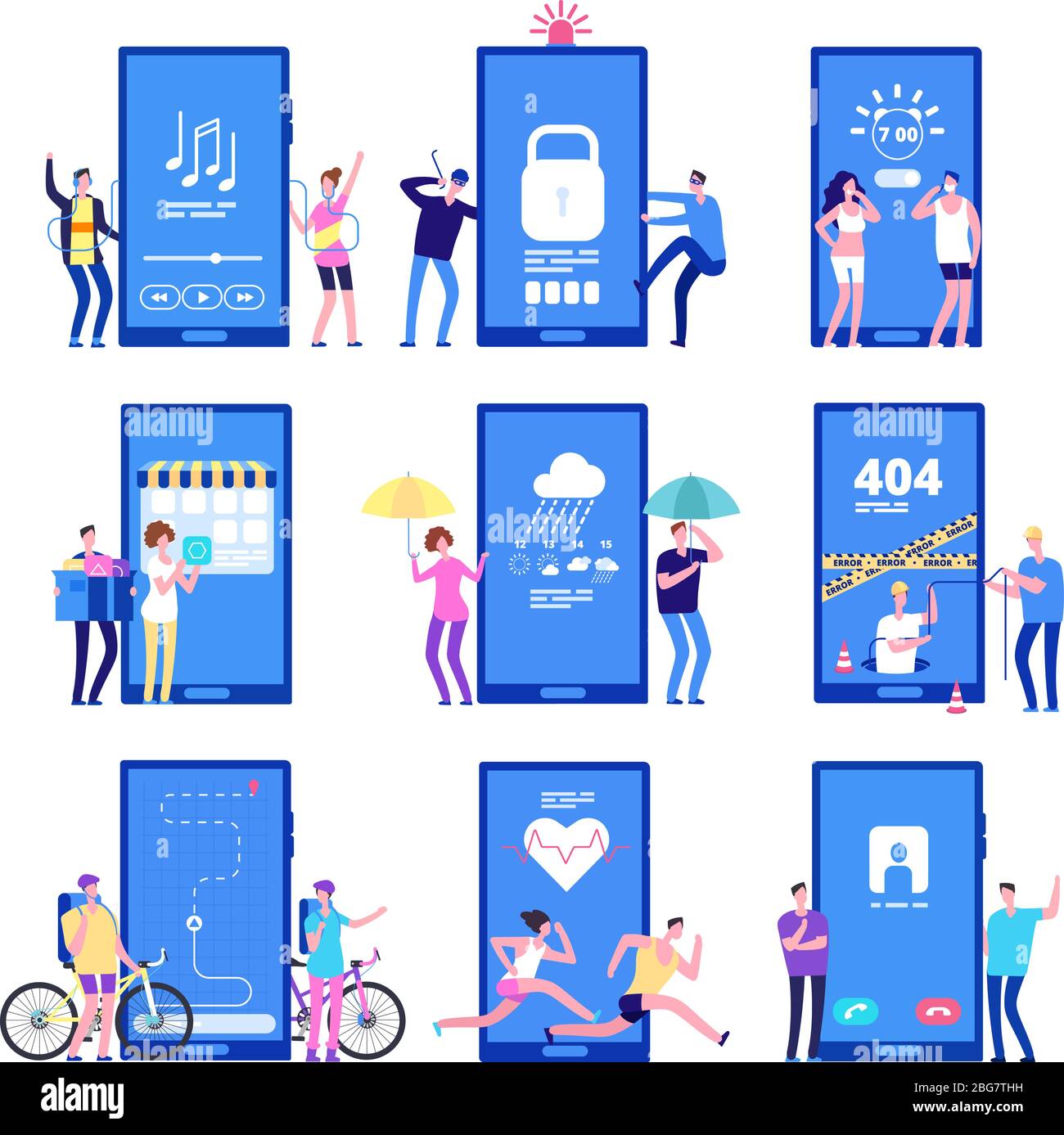 Phone app concept. Men and women standing near big cell phones with mobile apps on screen. Vector concept mobile app location and music, tracker run and weather illustration Stock Vector
