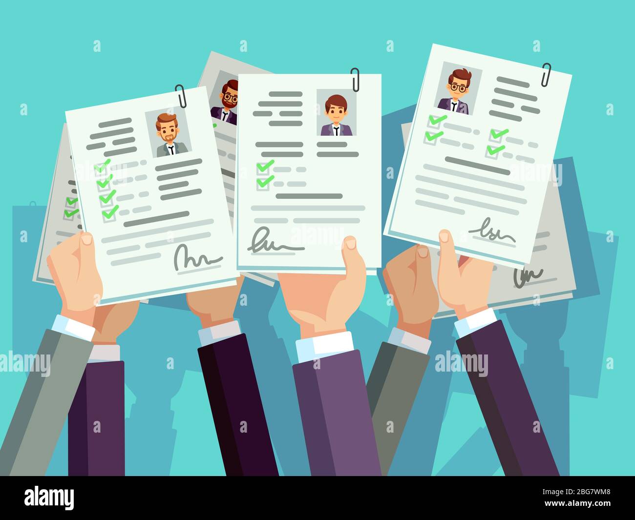 Job competition. Candidates hold cv resume. Recruitment and human resource vector concept. Illustration of resume candidate illustration Stock Vector