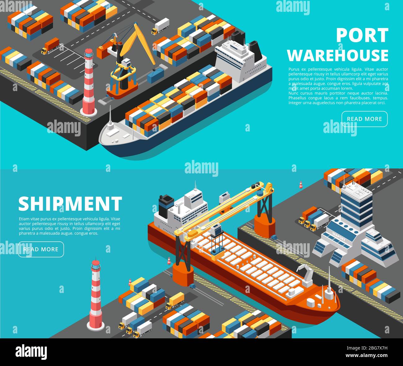 Sea transportation horizontal vector sea freight and shipping banners with isometric seaport, ships, containers and crane. Ship cargo, transport logistic sea, port maritime illustration Stock Vector