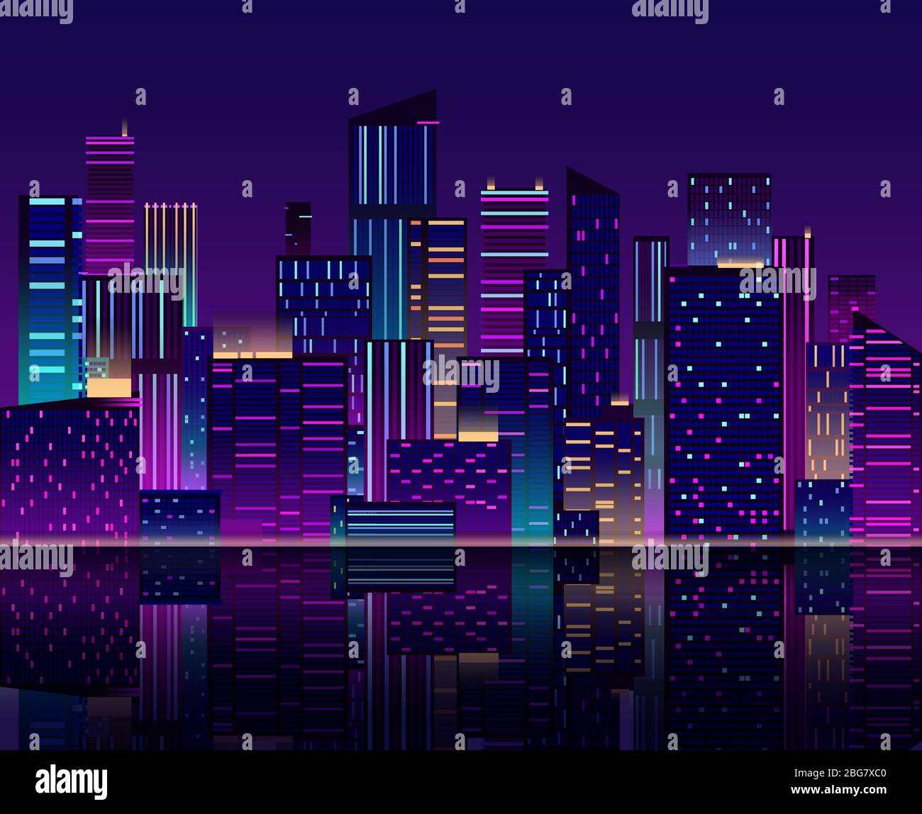 Night city skyline. Skyscraper with neon lights. Urban cityscape with buildings. 80s retro vector background. Panoramic city skyline, architecture cit Stock Vector