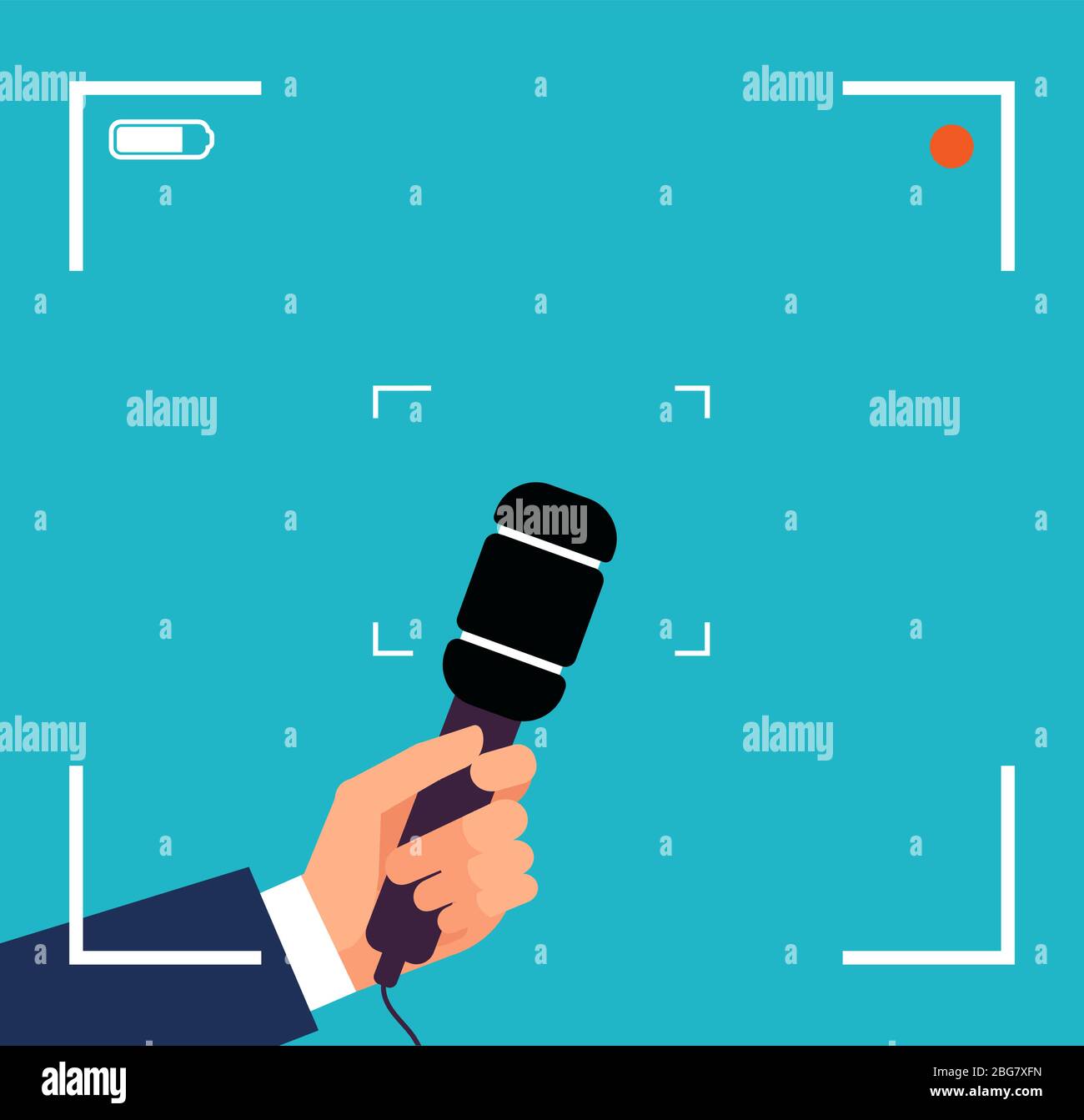 Hand with microphone. Focus tv interview, live news broadcast vector concept with viewfinder and mic. Journalism and news breaking, communication repo Stock Vector