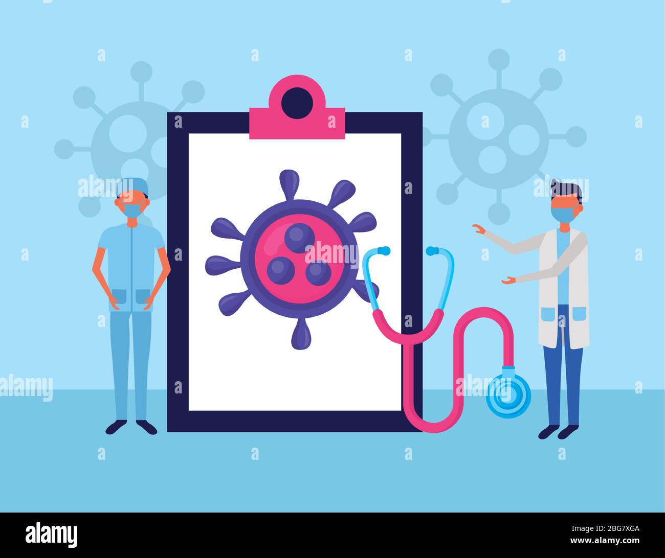 doctors using face masks with checklist and covid19 particles Stock Vector