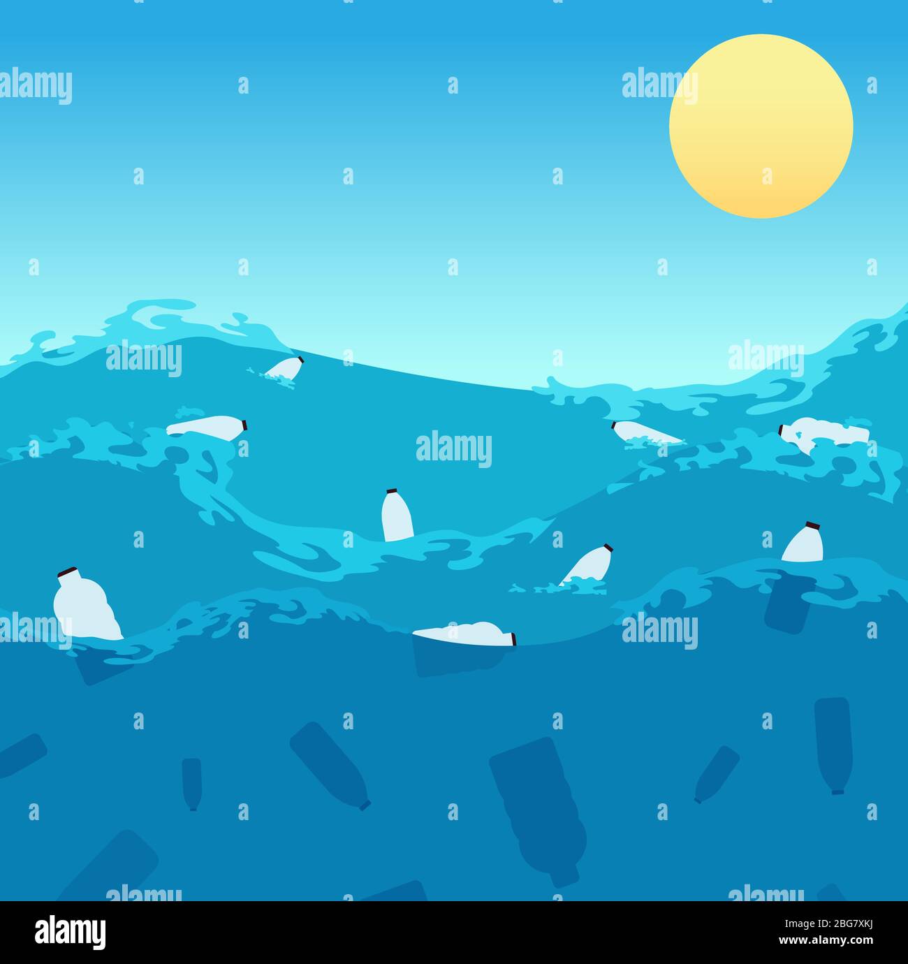 Ocean plastic pollution. Polluted sea water with bottles and dead fishes. Ecological enviroment problem vector concept. Illustration of plastic bottle in water ocean Stock Vector