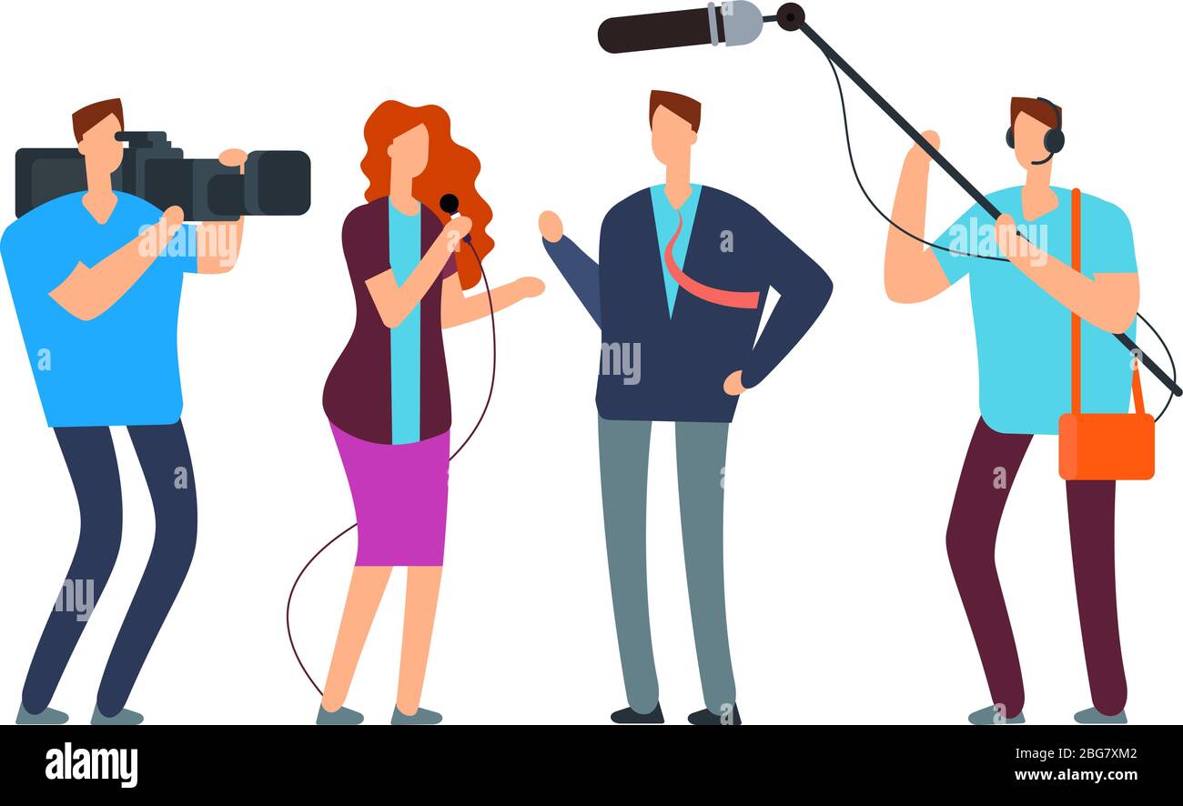 Journalists take interview. Broadcasting reportage with photographer and videographer. Broadcast vector concept. Reporter with microphone, woman journ Stock Vector