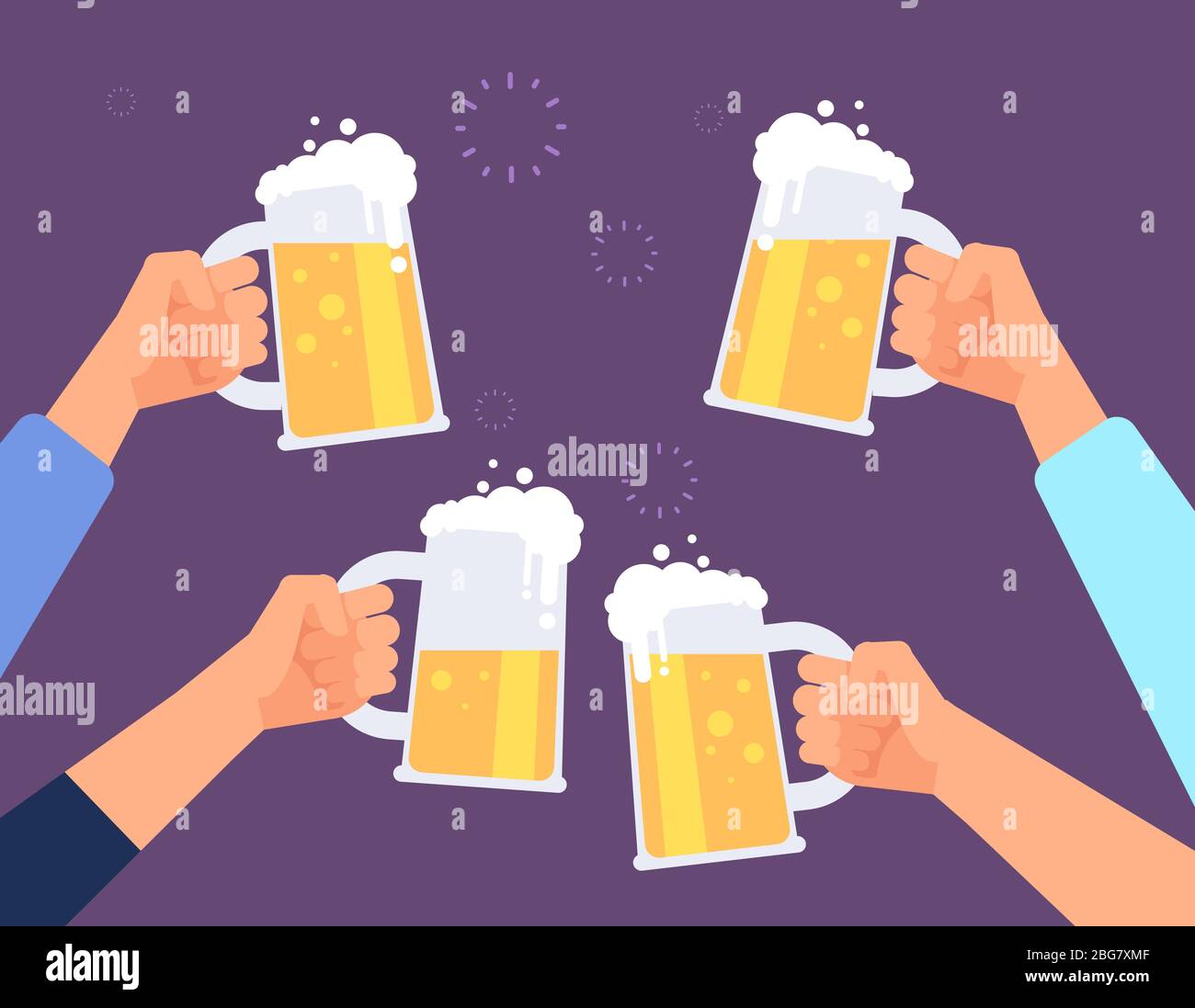 Hands holding beer glasses. Cheerful people clinking. Mates drinking beer in bar. Vector background. Beer toast, hand with glass drink, beverage toast Stock Vector