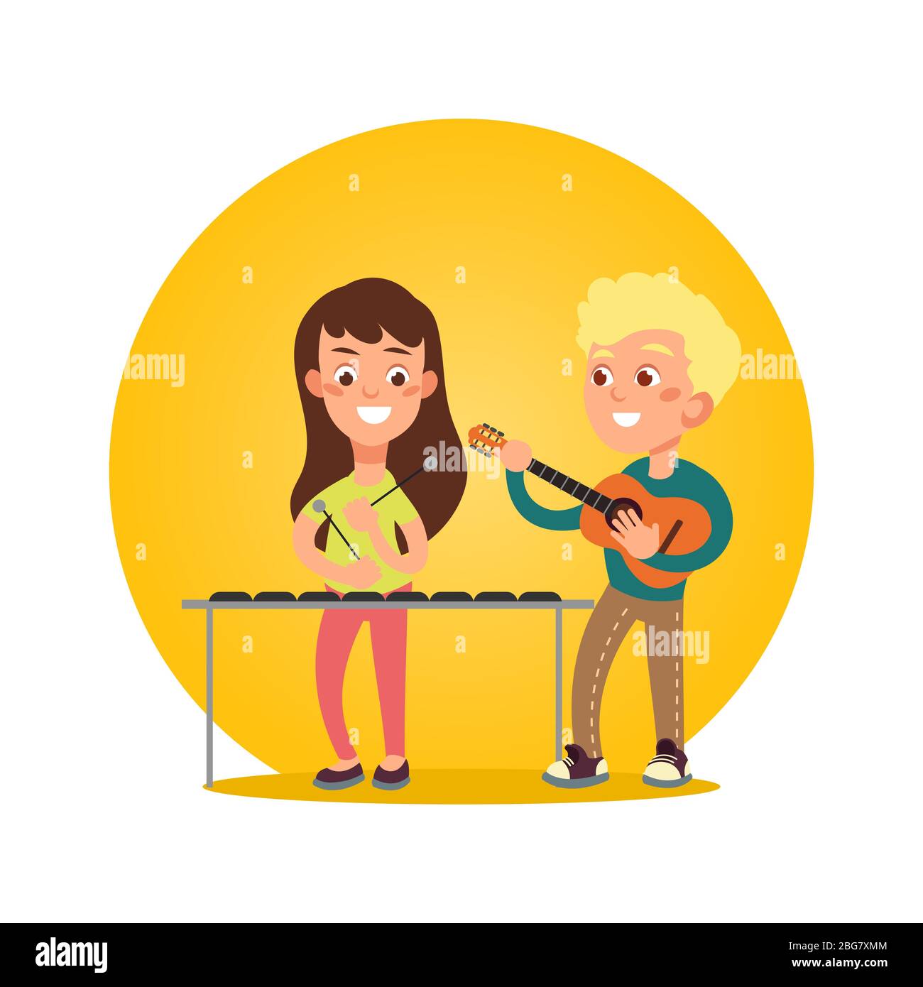 Happy children musicians with musical instruments. Talented kids playing music. Vector illustration Stock Vector
