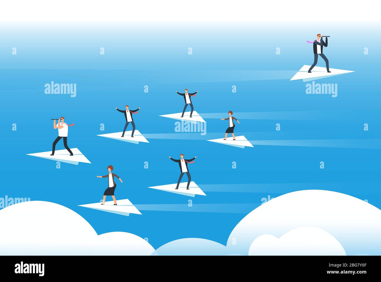 Individual thinking and new direction. Businessmen standing on paper planes. Unique solutions and believe yourself vector concept. Illustration of individual direction way, idea independent Stock Vector