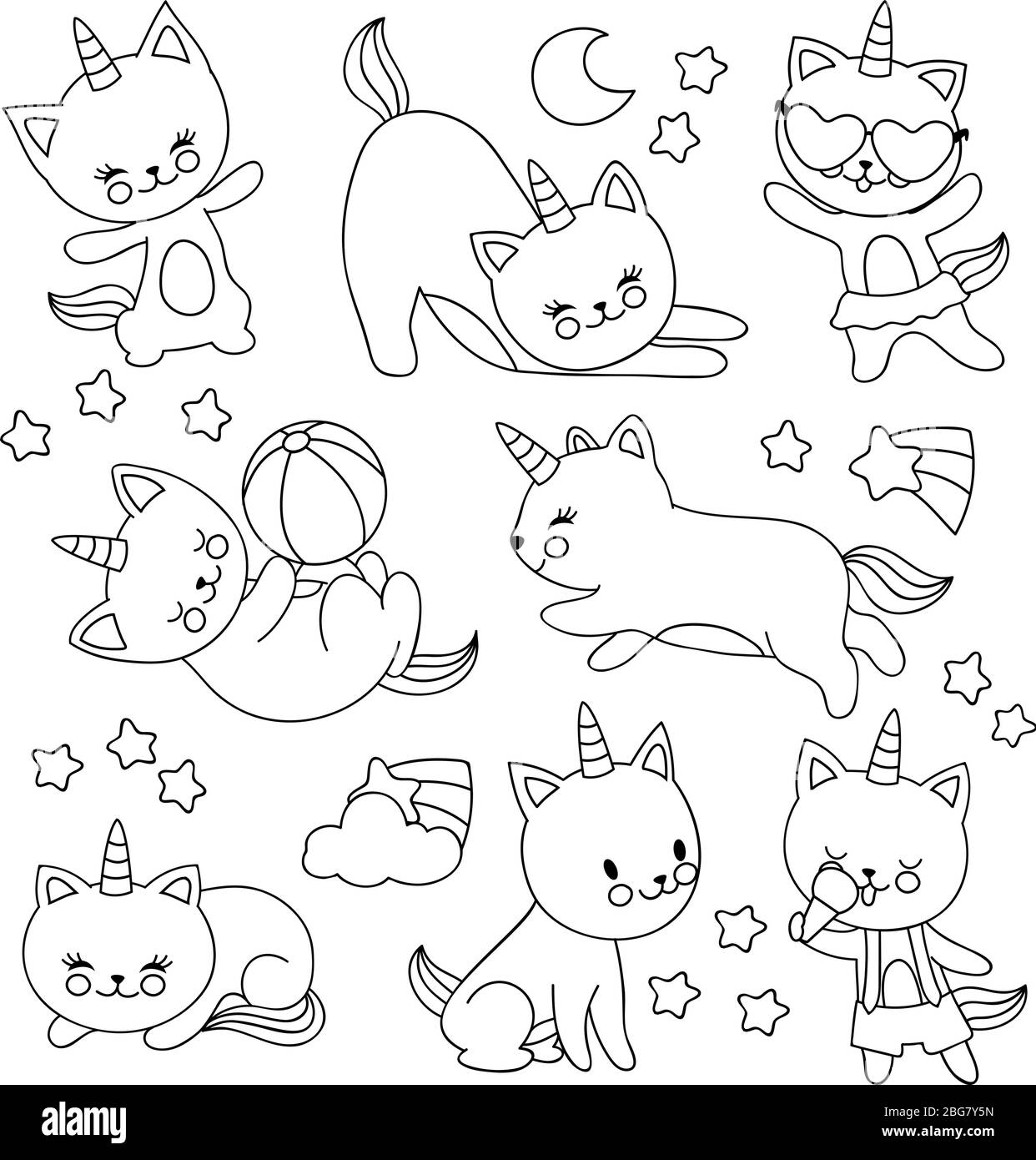Hand drawn cute flying unicorn cats. Vector cartoon characters for kids coloring book. Cat unicorn drawing, pet with horn linear illustration Stock Vector