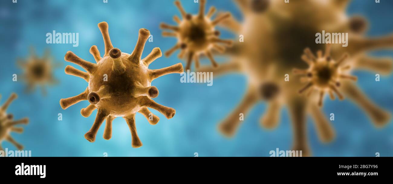 Microscopic view of pathogen SARS-CoV-2 corona virus in cell on blue background, 3d illustration, Panoramic banner with coronavirus, concept of scienc Stock Photo