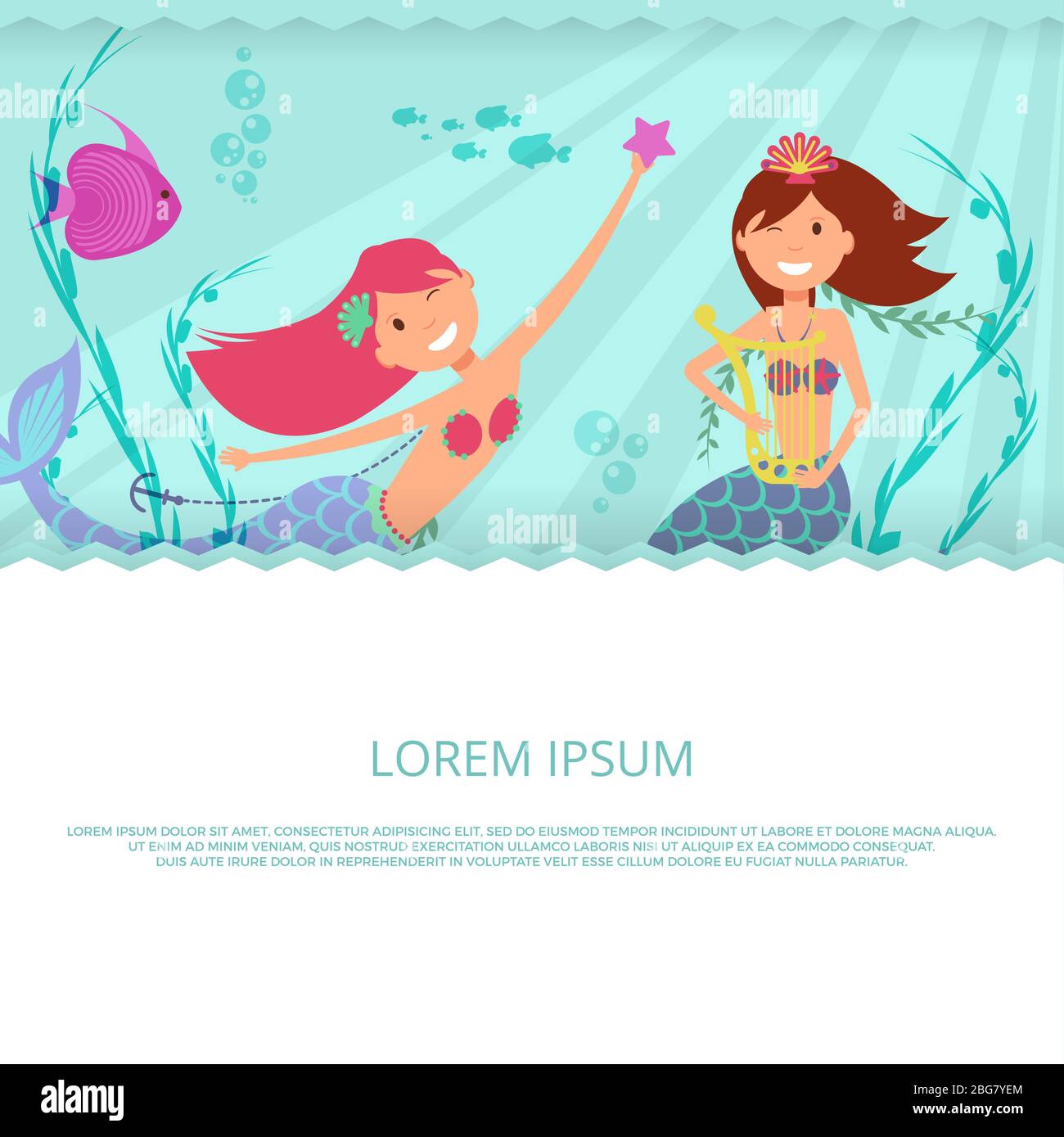 Happy mermaid and underwater life vector banner and poster template illustration Stock Vector